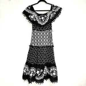 Anthropologie Marisol Off The Shoulder Embroidered Midi Dress Black, White 0